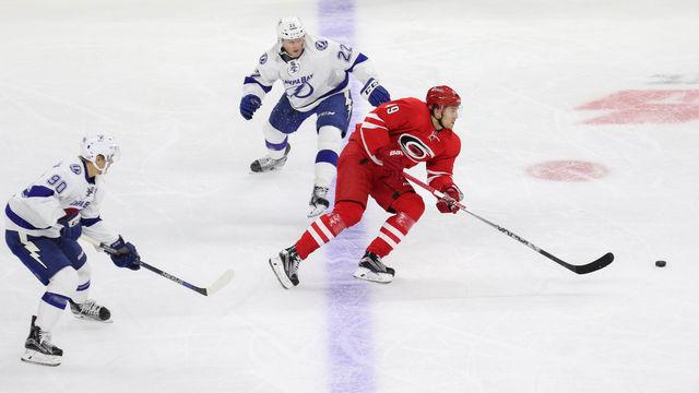 Centre Victor Rask&#160;splits two Lightning defenders on a fast break. Rask finished the game with 3 assists and 4 out of 10 faceoffs won. The Carolina Hurricanes fell short of grabbing their fourth straight win, losing 4-3 to the Lightning at PNC Arena on Sunday, November 1st, 2015.