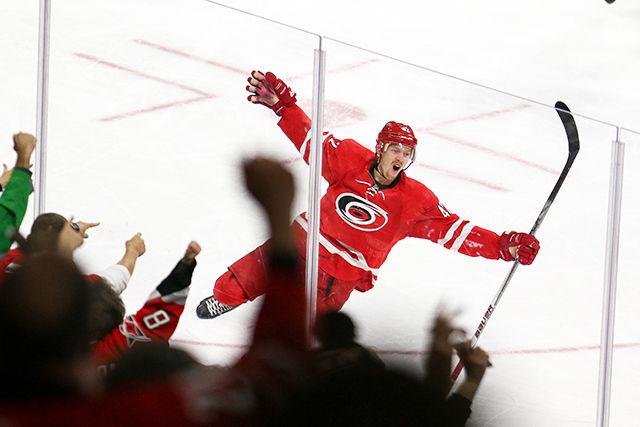 Hurricanes Left wing Joakim Nordstrom pumps his arms to the fans after scoring a goal in the second period. Nordstrom had one goal with three shots on goal. The Carolina Hurricanes pummeled the Chicago Blackhawks, who have the best record in the NHL, 5-0 at PNC Arena on January 26, 2016.