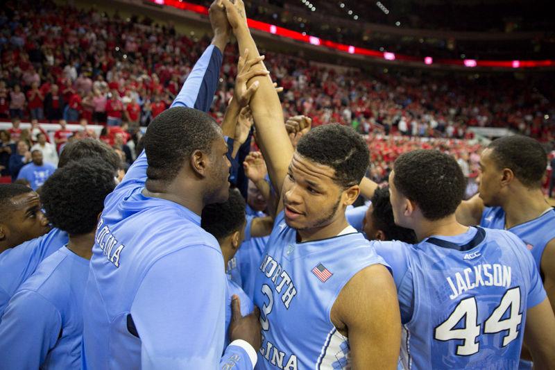 The UNC basketball team huddles before the NC State game versus UNC at PNC Arena on February 24, 2016.