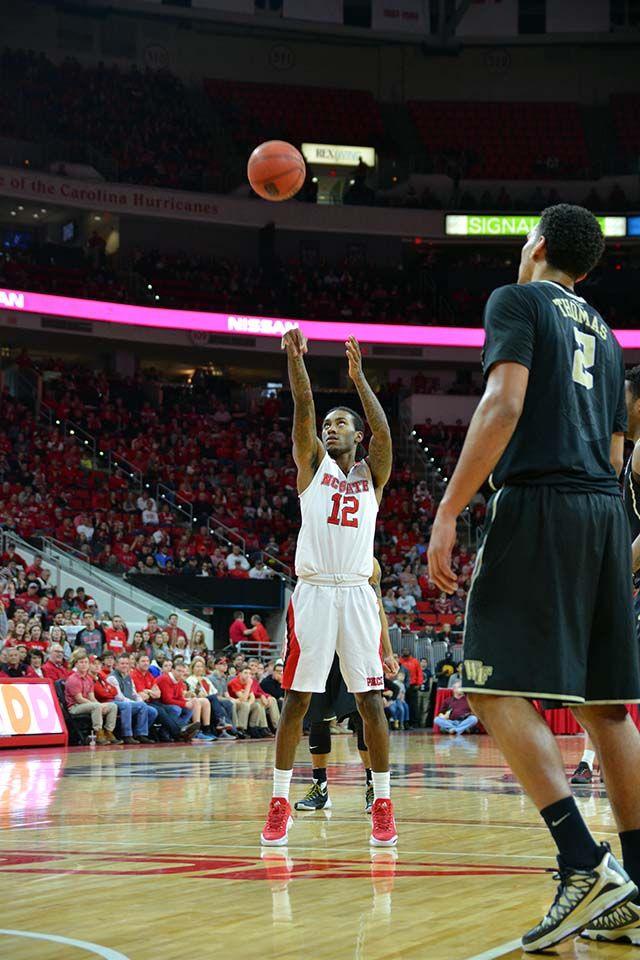 Junior guard Anthony "Cat" Barber attempts to make a free throw during the second half of the basketball game versus Wake Forest. Barber made 17 free throws out of 20 attempted free throws, helping him to score his career-record of 38 points in a game. The NC State Wolfpack won 99-88.
