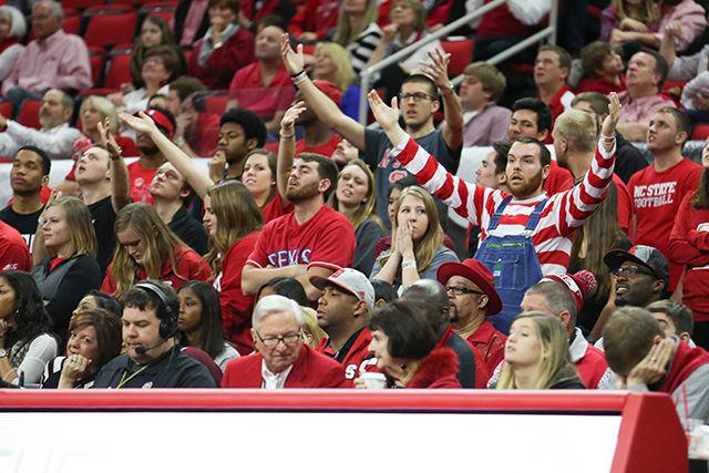 The crowd reacts to a bad call during the Clemson vs NC State basketball game at PNC Arena on February 20, 2016.