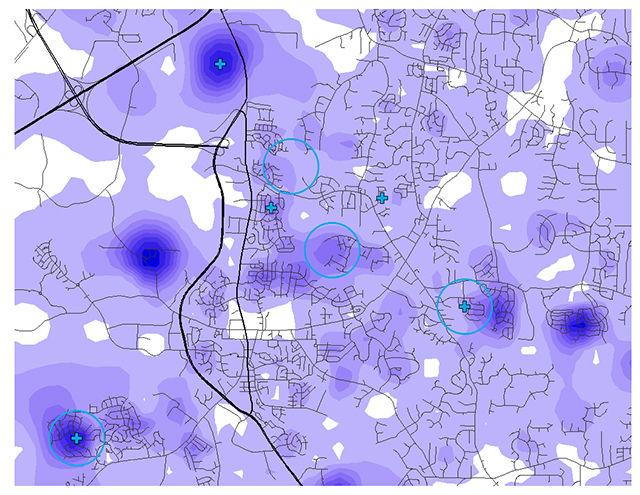 This graphic depicts land-use data combined with operations research to generate optimal successful school sites.