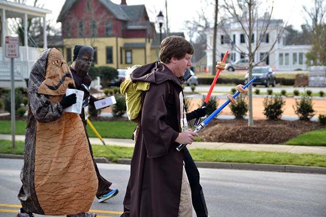 A jedi, Darth Vader, Jabba the Hut, and Chewbacca, continue walking the Kripsy Kreme Challenge as casual participants on Saturday, Feb. 6th, 2016.