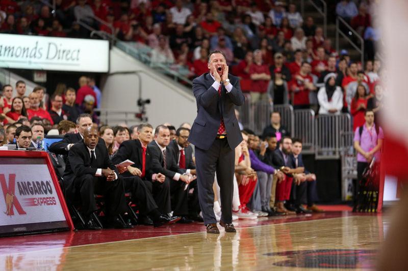 Coach Gottfried yells out a play in the first half to the NC State players on the court. The NC State Wolfpack lost to the UNC tarheels, 80-68, at PNC Arena on February 24, 2016.