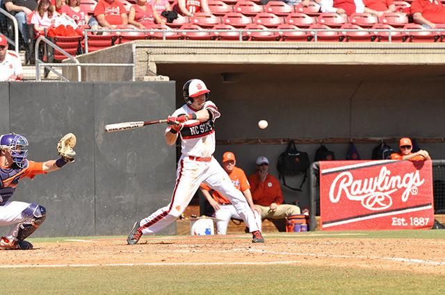 Senior outfielder Jake Fincher swings at a pitch in the Wolfpack&#8217;s home game against Clemson March 8. This marked Fincher&#8217;s second home run of his career. The Wolfpack beat the Tigers 14-6 at Doak Field.&#160;