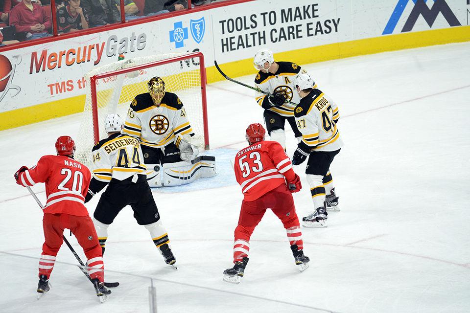 Boston Bruins goalie Tuukka Rask blocks a shot by Carolina Hurricanes left forward Jeff Skinner during the first period of the game on Friday, Feb 26, 2016.