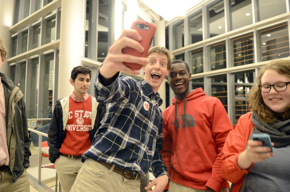 Zachary Goodman, a senior studying mechanical engineering, takes a post-win selfie with Khari Cyrus, a senior studying biological sciences, after the announcing of the student body president results in Talley Commons on March 3rd, 2015. Goodman served as the campaign manager for the Cyrus &amp; Bridges campaign.