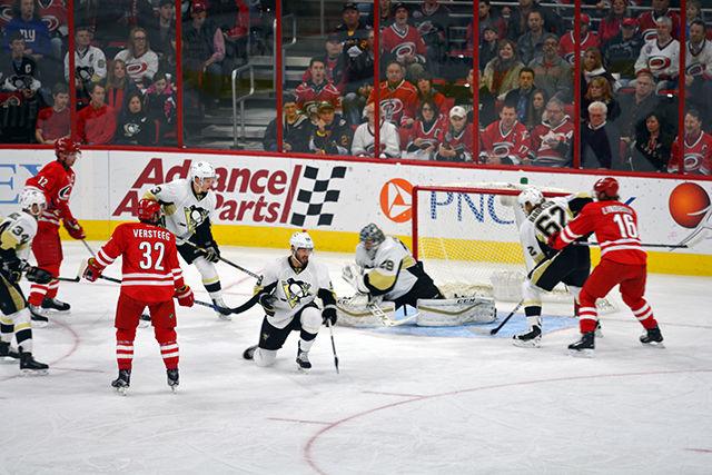 Pittsburgh Penguins goalie Marc-Andre Fleury blocks an attempted shot by the Carolina Hurricanes during the game Friday, Feb 12, 2016. The Carolina Hurricanes lost to the Penguins 2-1.