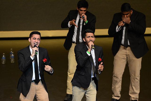 Members of Nuttin' But Vocals, an all male A Capella group from Rutgers University, sing at Sangeet Saagar, a South Asian A Capella competition, that took place in Stewart Theatre on Feb 13, 2016.