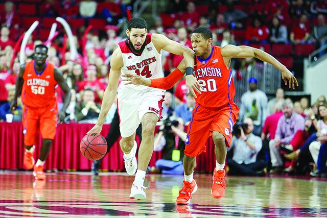 Sophomore Guard/Forward Caleb Martin sprints towards the basket after getting a steal in the first half of the game against Clemson. Caleb Martin finished with 16 points, inluding 4 of 7 from three point territory, as well as three assists, one steal, and one block. The NC State Wolfpack beat the Clemson Tigers in a close one, 77-74, at PNC Arena on February 20, 2016.