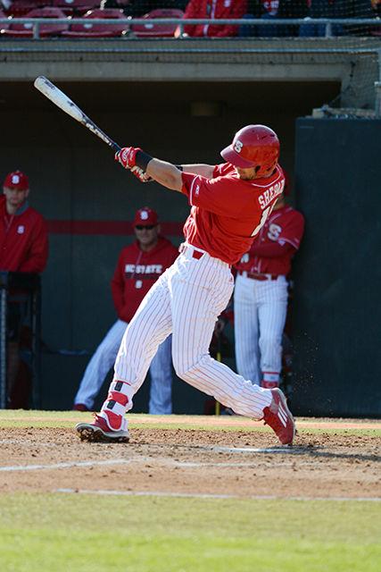Shane Shepard, a sophmore outfielder, takes a swing during the game against Wright State University. The Wolfpack went on to win 6-1 after starting off behind Saturday, Feb 27, 2016 at Doak Field at Dail Park.