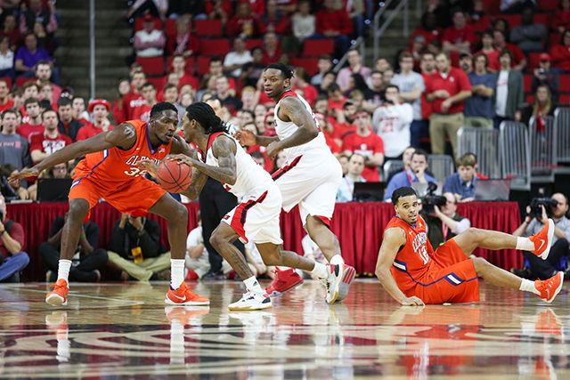 Anthony "Cat" Barber causes his defender to fall during the Clemson vs NC State basketball game at PNC Arena on February 20, 2016.