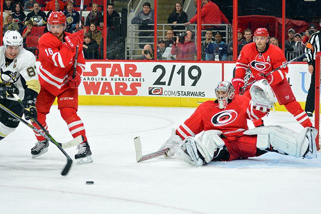 Cam Ward blocks the Pittsburgh Penguins attempt at a goal during the game at PNC Arena on Friday, Feb 12, 2016. The Carolina Hurricanes lost to the Penguins 2-1.