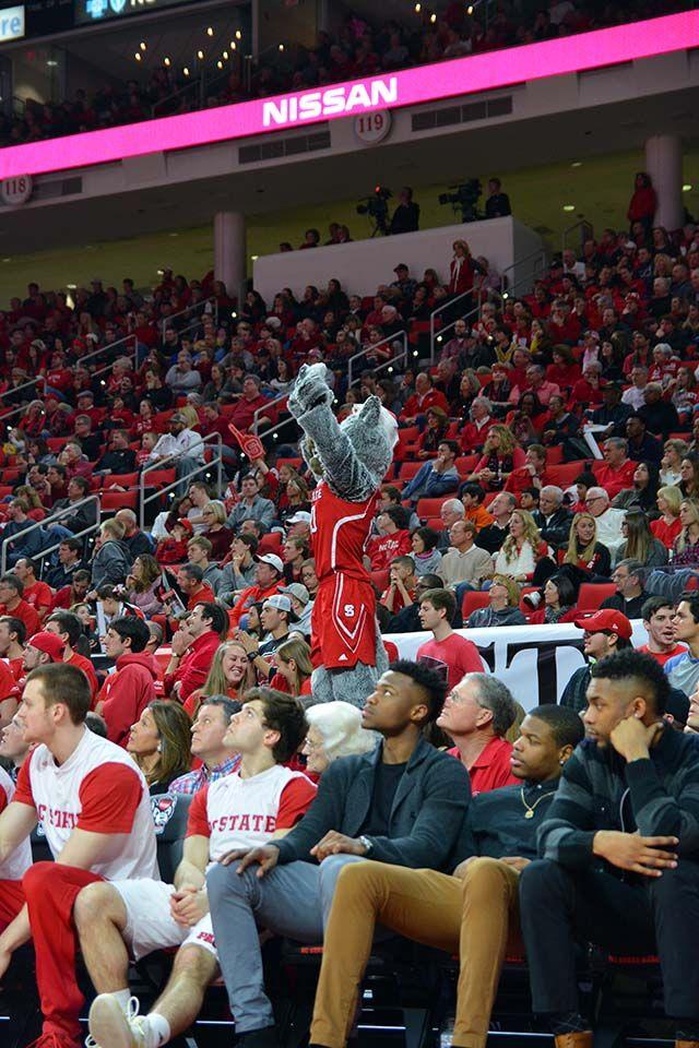 Mr. Wuf cheers for the NC State Wolfpack during the second half of the basketball game on Saturday, Feb 13, 2016.