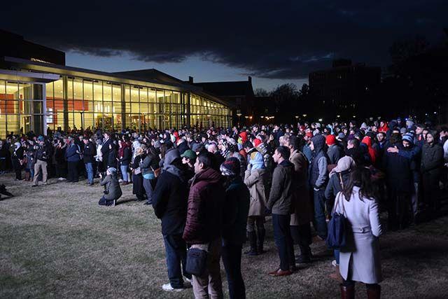 Peer's gather in Stanford Commons, near Talley Student Union on Feb. 10th, 2016 for the vigil of Our Three Winners. This vigil marks the one year anniversry of the death of Deah Barakat, Yusor Abu-Salha and Razan Abu-Salha.