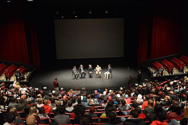 Mohammad Moussa, the performer of Shattered Glass, Will McInernery, a colleague of Moussa's, Mohammad Abu-Salha, father of Yusor and Razan Abu-Salha, Anna Bigelow, a professor of Islamic Studies at NC State, and Farris Barakat, the brother of Deah Barakat, hold a post-performance panel after Shattered Glass, a spoken-word and media-infused performance honoring the three victims of the 2015 Chapel Hill shooting. Moussa gave his performance in the Stewart Theatre of Talley Student Union on Thursday, Feb. 11, 2016.