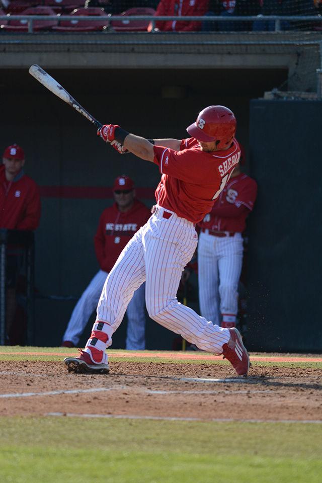 Shane Shepard, a sophmore outfielder, takes a swing during the game against Wright State University. The Wolfpack went on to win 6-1 after starting off behind Saturday, Feb 27, 2016 at Doak Field at Dail Park.