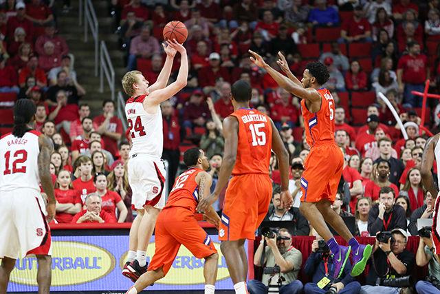 Freshman guard Rowan takes, and makes, a jumpshot in the second half during the Clemson vs NC State basketball game at PNC Arena on February 20, 2016.