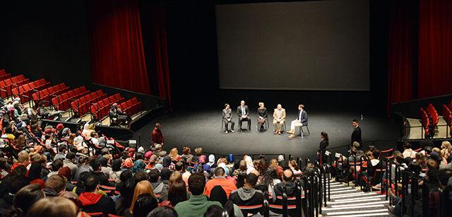 Mohammad Moussa, the performer of the evening, Will McInernery, a colleague of Moussa's, Mohammad Abu-Salha, father of Yusor Mohammad and Razan Abu-Salha, Anna Bigelow, a professor of Islamic Studies at NC State, and Farris Barakat, the brother of Deah Barakat, hold a post-performance panel after Shattered Glass, a spoken-word and media infused performance honoring the three victims of the Chapel Hill shooting that happened in February of last year. Moussa gave his performance in the Stewart Theatre of Talley Student Union on Thursday, February 11th.