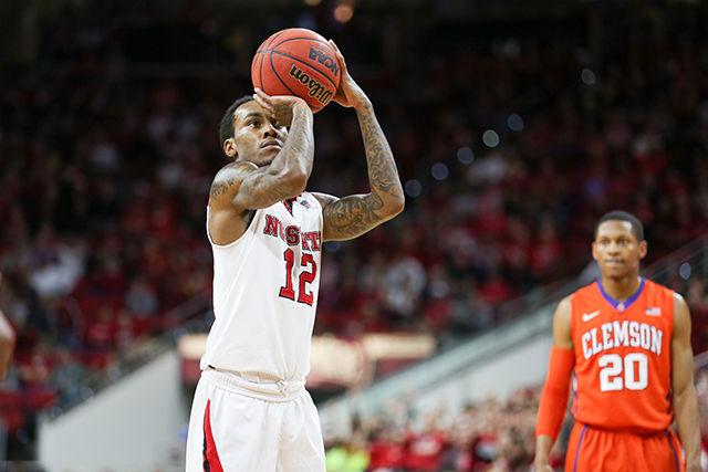 Anthony 'Cat' Barber attempts and makes a free throw during the Clemson vs NC State basketball game at PNC Arena on February 20, 2016.