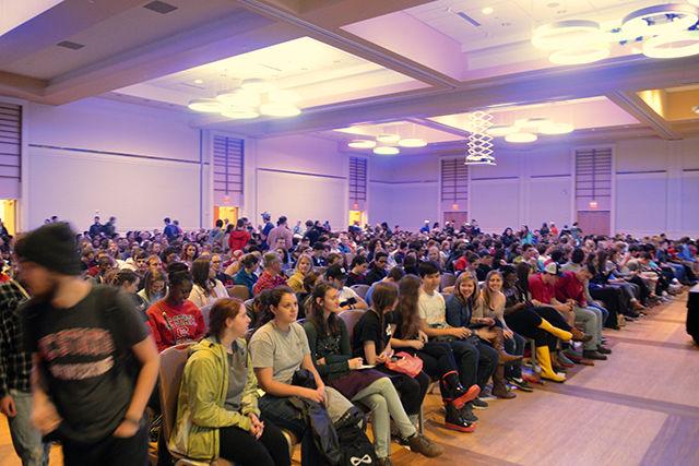 Hundreds of students file in to Talley's Ballroom to enjoy MAZE, a magic show. MAZE was sponsored by Cru and Chi Alpha to let students enjoy a world-class magic show.