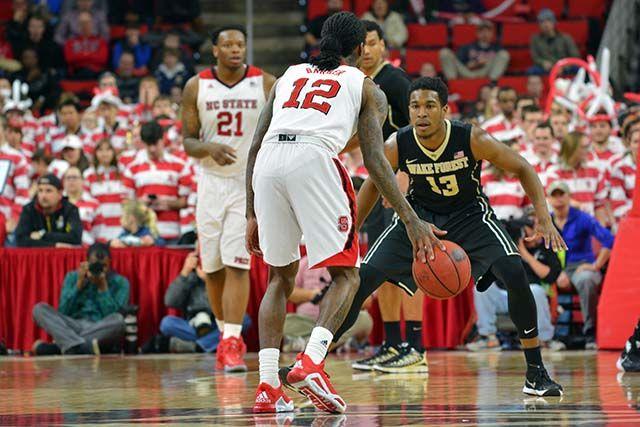 Junior guard Anthony "Cat" Barber looks for an open player to pass the basketball to during the game against Wake Forest on Saturday, Feb 13, 2016.