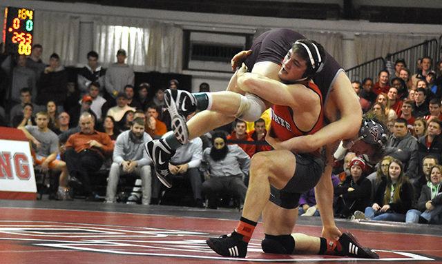 Junior 184 pounder Pete Renda finishes a double leg against his Virginia Tech opponent. Renda would actually go on to lose the match by a score of 9-5, and the Hokies would win the dual meet by a score of 19-14 in the Holshouser Building on Friday, Feb 12, 2016.
