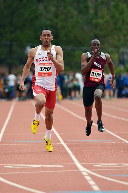 Sophomore sprinter Jonathan Addison flies towards the finish line of the 100m dash during the 2014 Raleigh Relays at Derr Track March 28, 2014. Addison qualified for the finals with a personal best time of 10.74s and finished 8th in the finals with a time of 10.92.