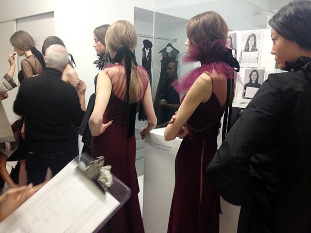 Models for Venezuelan fashion designer &#193;ngel S&#225;nchez line up to walk at his showroom during New York Fashion Week 2016.&#160;