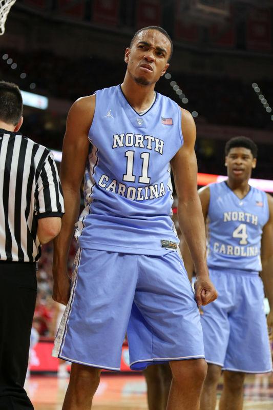 UNC forward Brice Johnson yells in celebration after making an and-one in the second half. The NC State Wolfpack lost to the UNC tarheels, 80-68, at PNC Arena on February 24, 2016.