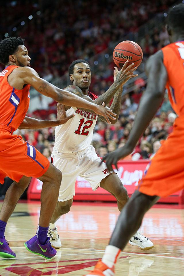 Barber almost turns it over during the Clemson vs NC State basketball game at PNC Arena on February 20, 2016.