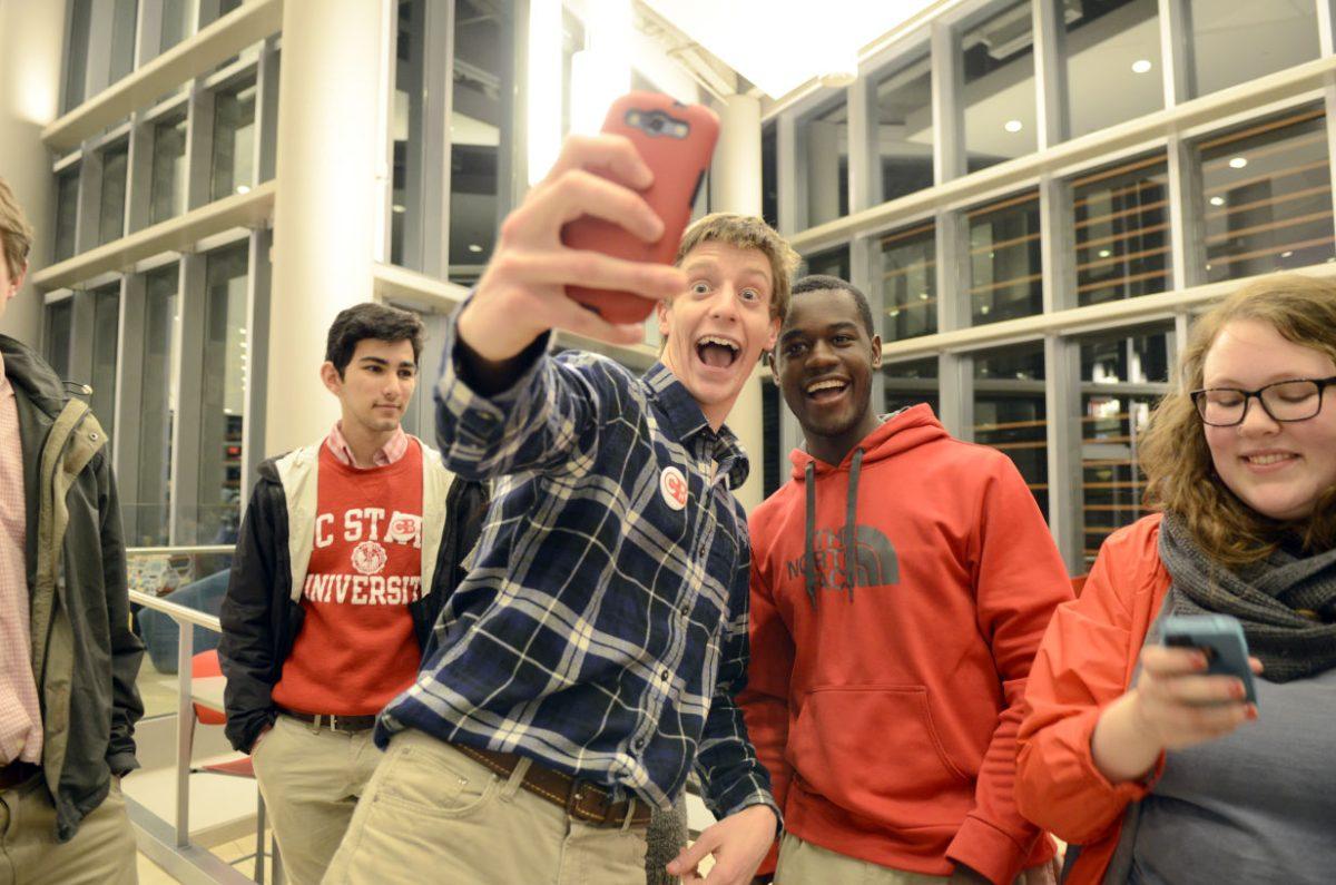 Zachary Goodman, a senior studying mechanical engineering, takes a post-win selfie with Khari Cyrus, a senior studying biological sciences, after the announcing of the student body president results in Talley Commons on March 3rd, 2015. Goodman served as the campaign manager for the Cyrus &amp; Bridges campaign.