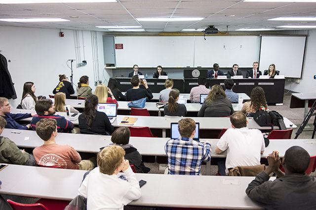 Student Body President and Vice President candidates respond to questions during a debate hosted Wednesday evening, Feb. 25, 2015 in Harrelson Hall. Student government voting will run from 12pm on March 2 to 12pm on March 3.