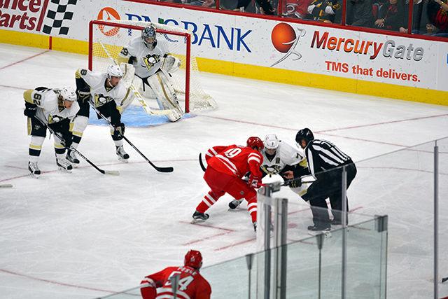 Center forward Victor Rask waits for the referee to drop the puck during the second period of the game against the Pittsburgh Penguins Friday, Feb 12, 2016. The Carolina Hurricanes lost to the Penguins 2-1.