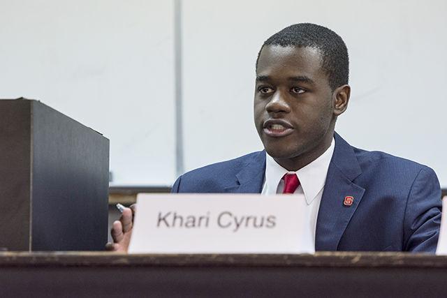 Student Body President candidate Khari Cyrus, a junior studying political science, responds to a question during the study body president-vice president debate Wednesday evening, Feb. 25, 2015 in Harrelson Hall. Student government voting will run from 12pm on March 2 to 12pm on March 3.
