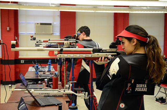 Sophomore Shooter, Derya Pekari, aims at a target during a practice in Broughton Hall on Janurary 27, 2016. Pekari shot her personal best of 590 on Janurary 23rd during the South Eastern Air Rifle Conference match.
