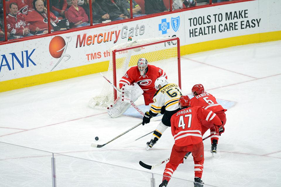 Boston Bruins center forward Ryan Spooner attempts to score against Carolina Hurricanes goalie Cam Ward during the second period of the game on Friday, Feb 26, 2016.