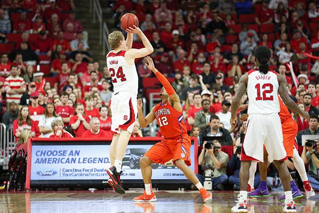 Rowan shoots a jumper during the Clemson vs NC State basketball game at PNC Arena on February 20, 2016.