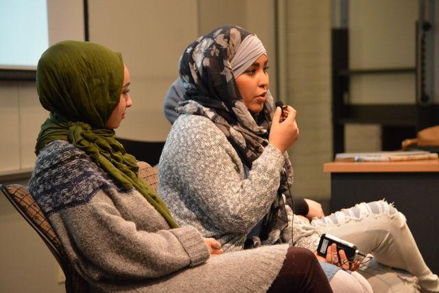 Hoda Abraham, a student of North Carolina Central University, Zeinab Zey, a French student, and Niwal Sheikh, a senior studying international studies, speak on their own individual experiences with wearing a hijab during "Beyond the Veil" &#8212; a forum where both non-Muslims and Muslim women were invited to try the hijab and learn the significance. "Beyond the Veil" was presented by the Muslim Students' Association and hosted in Park Shops in honor of World Hijab Day on Monday, Feb. 1, 2016.