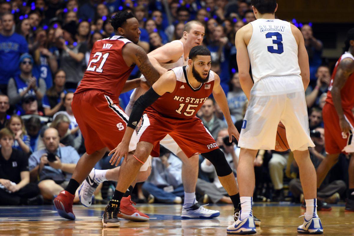 Sophomore guard/forward Cody Martin readies himself for when a Duke player makes a move in the Wolfpack's 80-88 loss to Duke on February 6, 2016. Martin shot 5 for 11 from the field and made 3 of 4 free throws for a total of 13 points in the loss at Cameron Indoor Stadium.