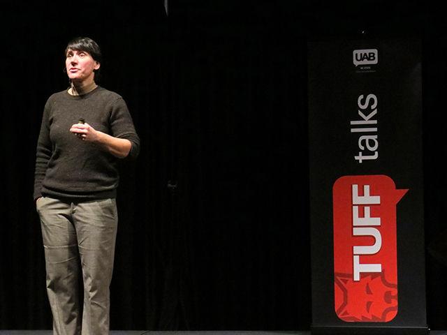 Valerie Faulkner, a teacher assistant in the Teacher Education and Learning Sciences department, giving her presentation, &#8220;Think Less and Do Right: The Achievement Gap,&#8221; as part of TUFFtalks Saturday in Talley Student Union. &#8220;Whenever we elevate some kids to a higher status we are cutting other kids,&#8221; Faulkner said.