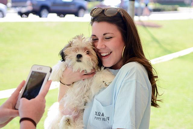 Haleigh albright a junior in communications poses for a photo with puppy Max. The Puppy Palooza was hosted by Phi Gamma Delta and Chi Omega in partnership and benefit of Pawfect match rescue, and took place at Witherspoon field on Tuesday, March 29th.