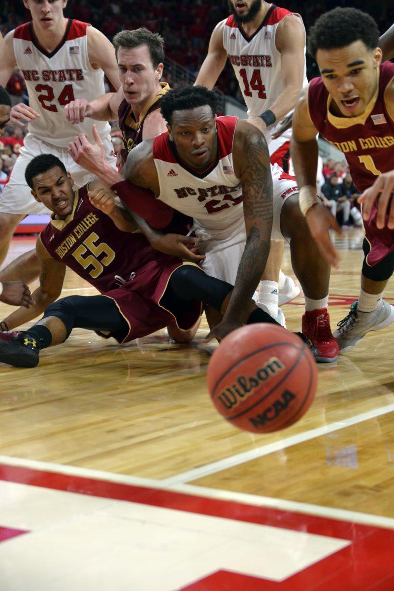 Boston College basketball team members knock the basketball out of bounds leaving 1.1 seconds left in the game with the Wolfpack one point down. NC State ended up winning 73-72 on Wednesday, March 2, 2016, at PNC Arena.