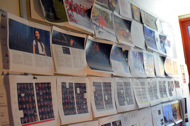 A bulletin board decorated with spreads for the final deadline stand in the Agromeck, N.C. State's Official Yearbook, Office on March 14th, 2016 on the 3rd Floor of Witherspoon. The Agromeck staff produces several pages at a time and submits them to Balfour publishing in miniature deadlines.