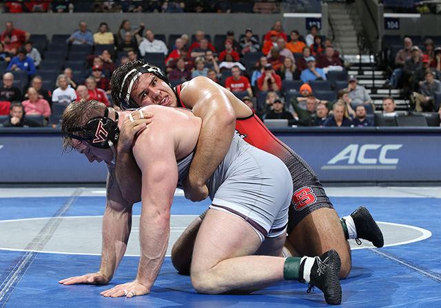 Redshirt senior heavyweight Nick Gwiazdowski competes at the ACC Tournament. Gwiazdowski earned a 6-2 win in the final match to earn his third-straight ACC title and help the Wolfpack win the ACC Championship by finishing ahead of Virginia Tech, 90-81.5.