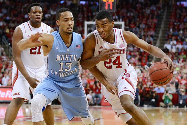 Sophomore forward T.J. Warren drives to the basket during the game against North Carolina in PNC Arena Wednesday, Feb. 26, 2014. The Wolfpack fell to the Tar Heels in overtime, 85-84.