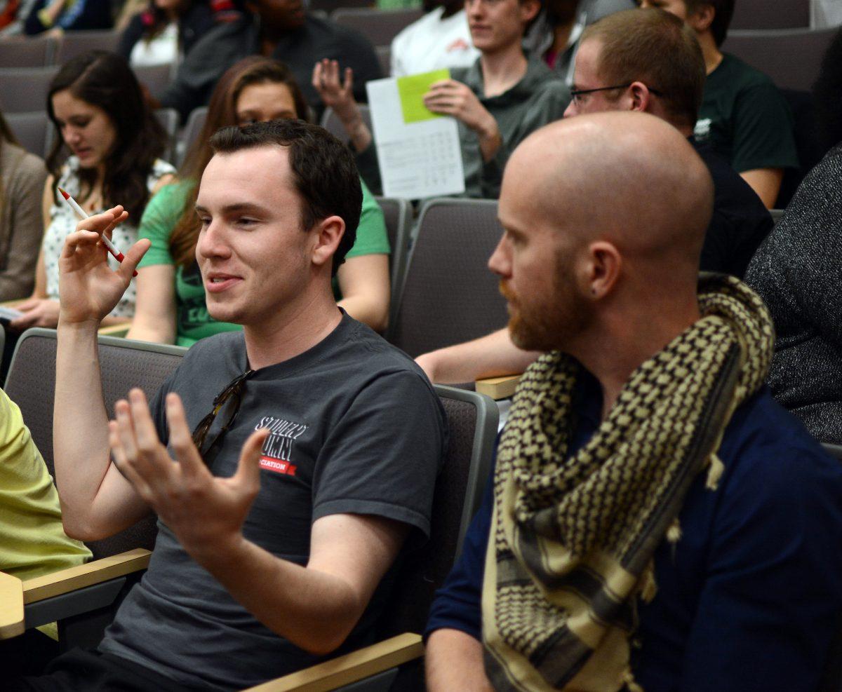 Assistant Director of University Scholars Program Chester Brewer, and freshman studying political science major Adam Skrzecz engage in discussions about race after viewing the MTV documentary "White People". The documentary about race among today's generation aired for students on February 29, 2016 in Witherspoon Cinema.