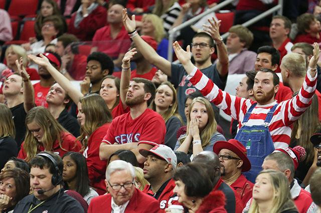 The crowd reacts to a bad call during the Clemson vs. NC State basketball game at PNC Arena on Feb. 20, 2016.