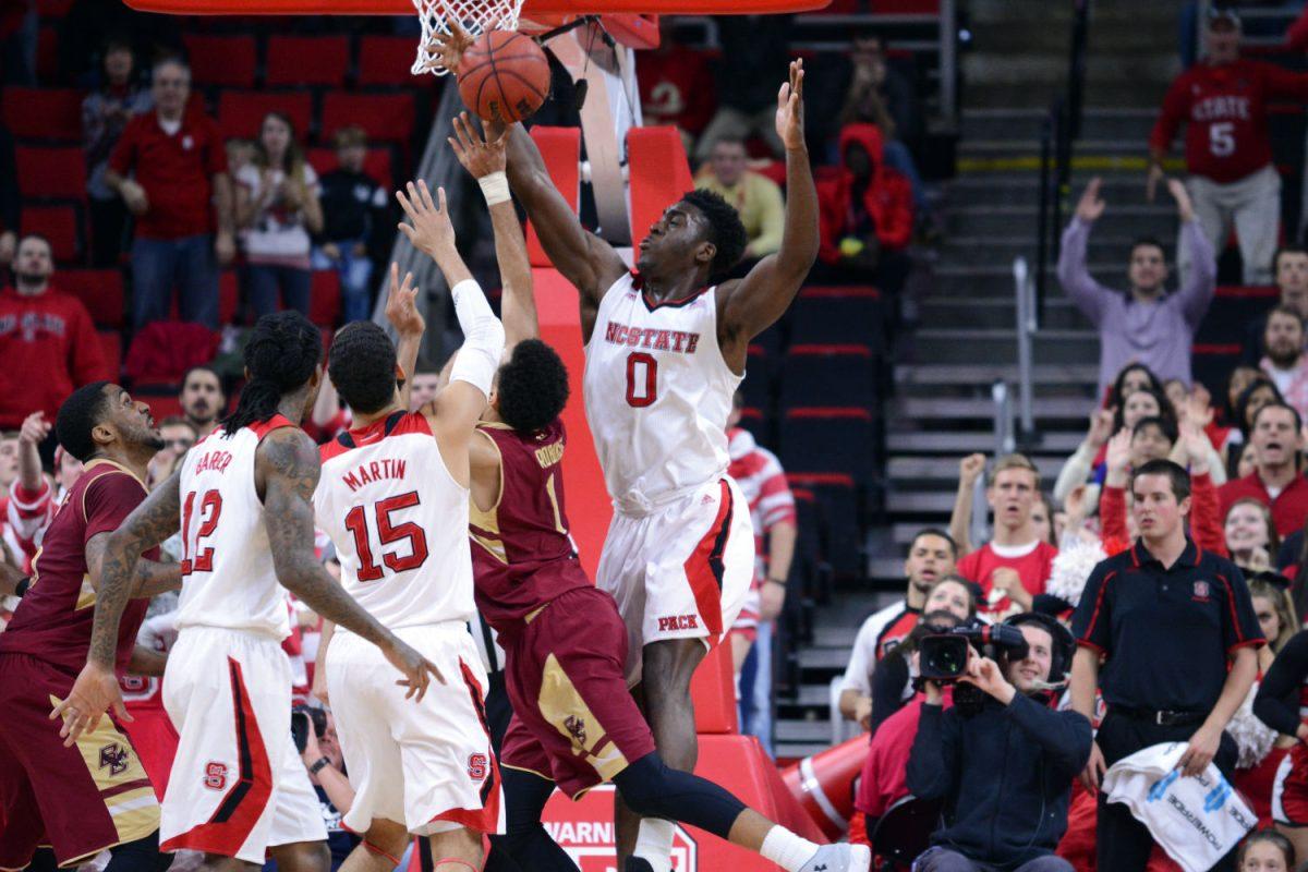 Sophomore forward Abdul-Malik Abu blocks a shot from freshman guard Jerome Robinson of Boston College during the second half of the basketball game on Wednesday, March 2, 2016, at PNC Arena.