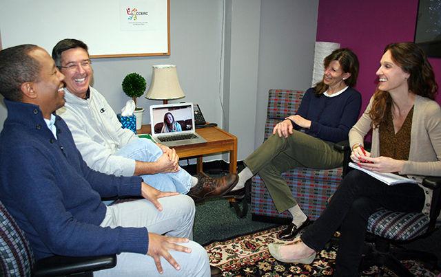Marc A. Grimmett, Ph.D., &#160;Michael Englert, Joni Agronin (on computer), Helen Lupton-Smith, Ph.D., and Alyx Beckwith sit down for their weekly meeting for their Community Counseling, Education and Research Clinic.&#160;